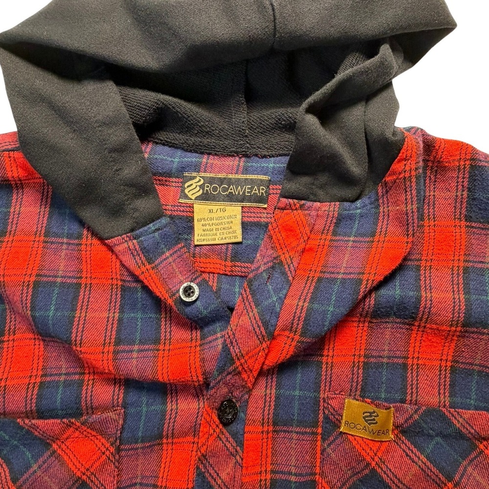 Rocawear Flannel Shirt/Jacket Mens XL Red Plaid Hooded Long Sleeve Button Up Y2K